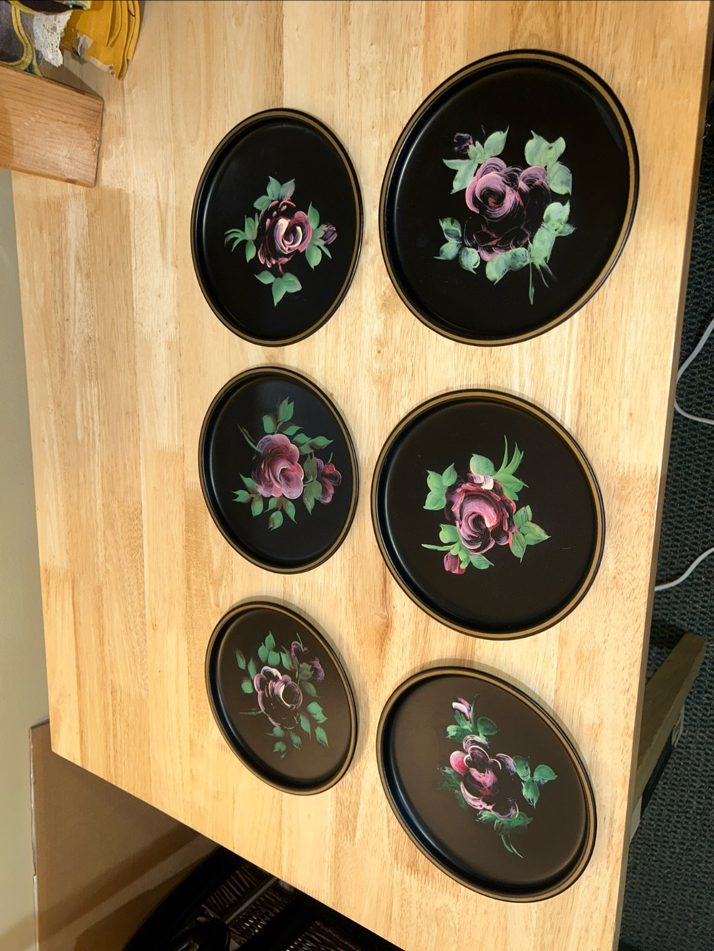 Vintage Hand Painted Rose Toleware Metal Small Trays Set of 6 Black Gold Cottage